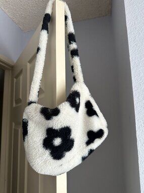 Black & White Floral Faux Fur Shoulder Bag